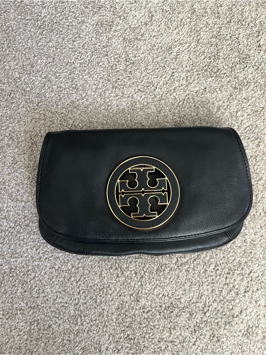 Tory Burch Black Leather Clutch With Gold Logo Medallion - Excellent Condition